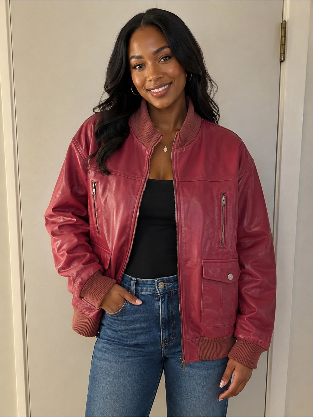 Women’s pink Leather Bomber Jacket